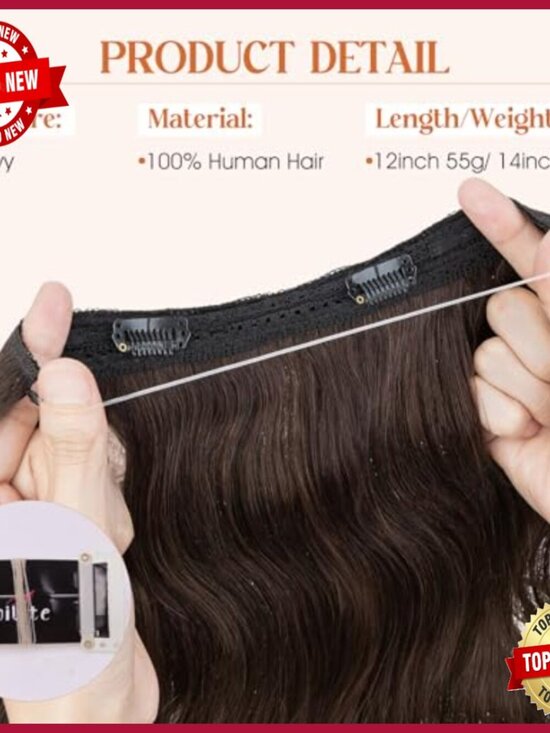 Real Human Hair Halo Extensions 12 Inch Short Wavy Adjustable Wire main image 4